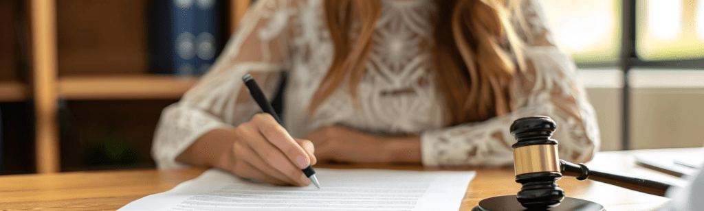 A woman signs nevada annulment paperwork in an annulment attorney's office